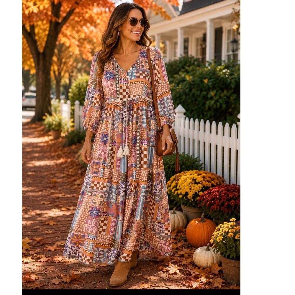 Jaase‎  Boho Patchwork Tassel Maxi Dress Floral Geometric Print Balloon Sleeve L
